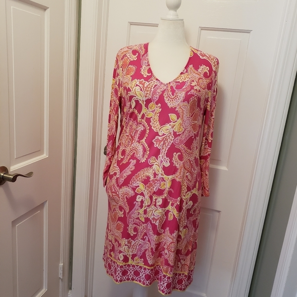 Pappagallo L Pink Floral Paisley Stretchy Knit Dress, Colorful Preppy RESORTWEAR